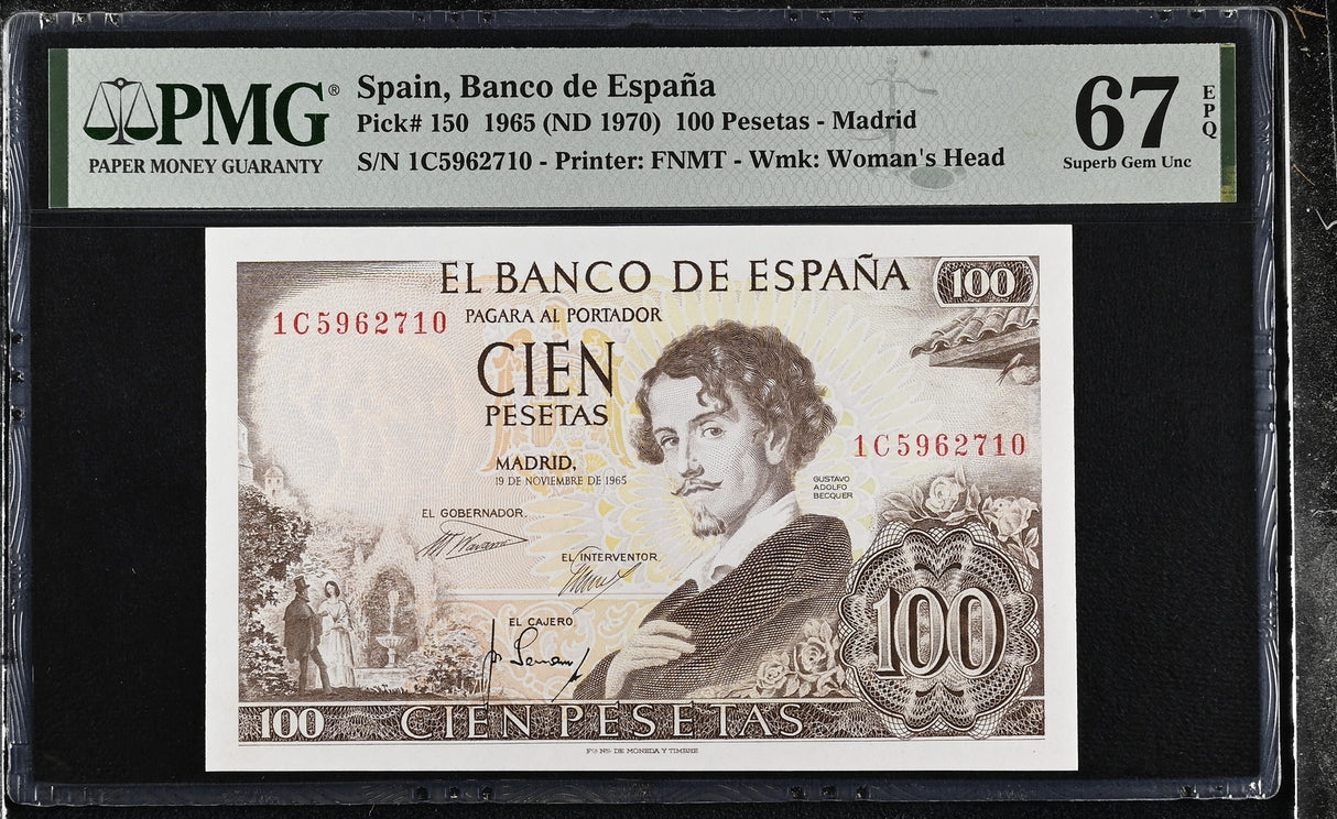 Spain 100 Pesetas 1965 ND 1970 P 150 Superb Gem UNC PMG 67 EPQ