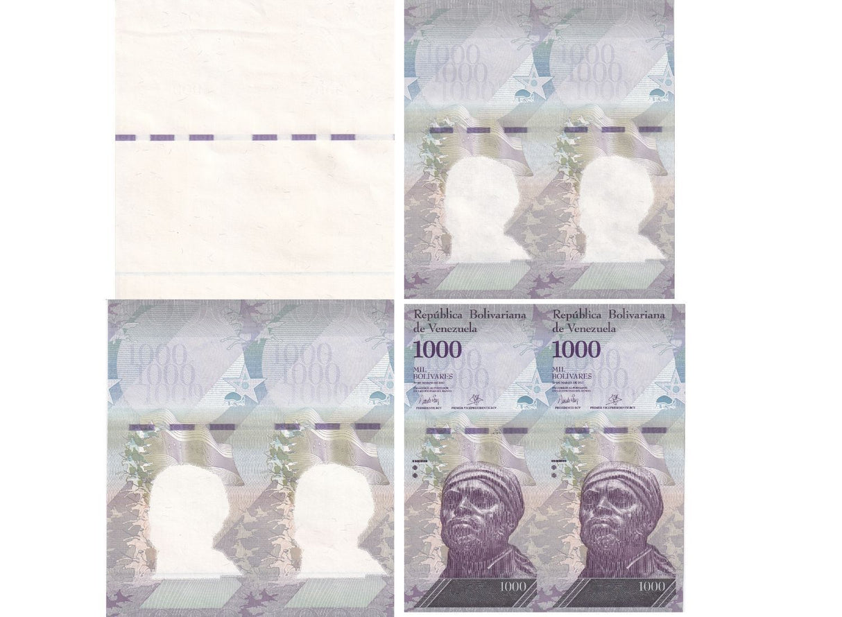 Progressive Proof SET 4 PCS; Uncut Sheet Venezuela 1000 Bolivares 2017 P 95 UNC