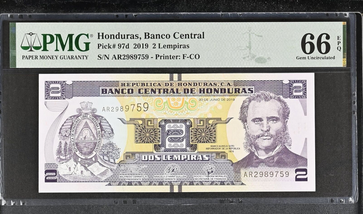 Honduras 2 Lempiras 2019 P 97 d Gem UNC PMG 66 EPQ