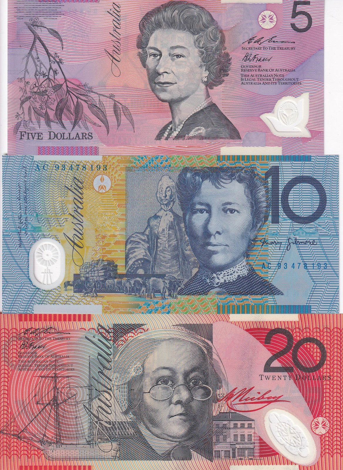 Australia Set 3 UNC 5 10 20 Dollars 1993 1994 1995 P 51 a 52 a P 53 Polymer