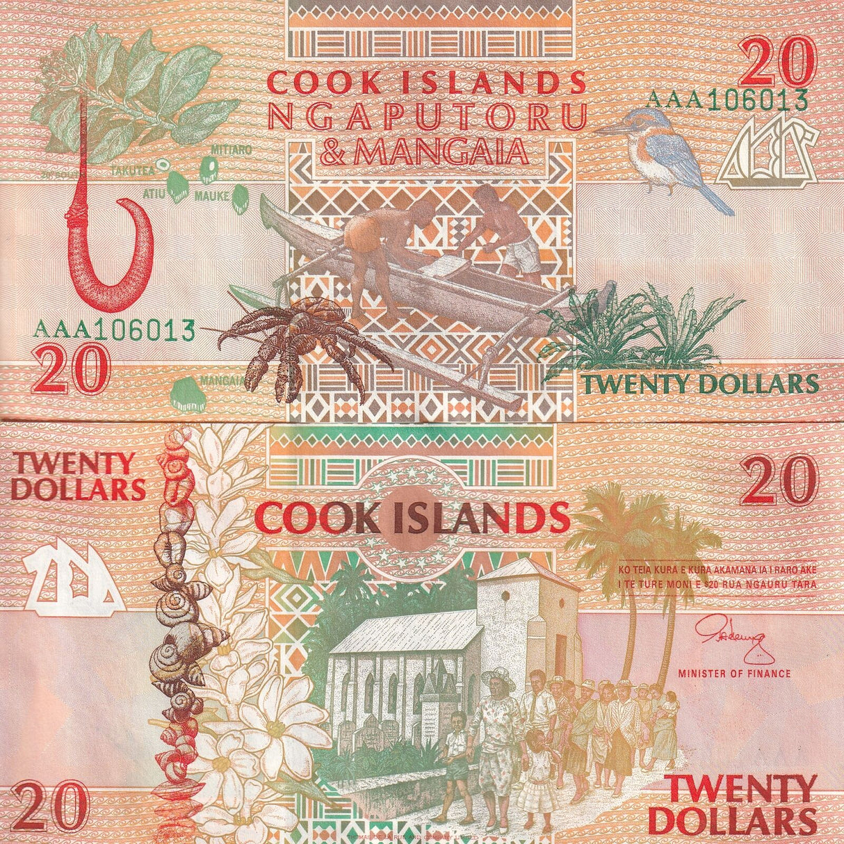 Cook Island 20 Dollars 1992 P 9 AAA Prefix AU-UNC