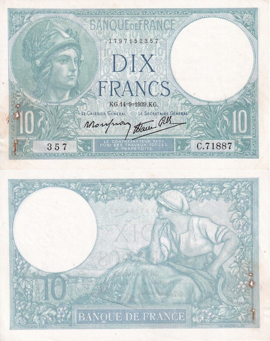 France 10 Francs 1940 P 84 XF/VF With Holes SEE Scan