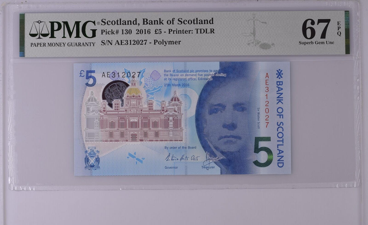 Scotland 5 Pound 2016 P 130 Bank of Scotland Superb Gem UNC PMG 67 EPQ