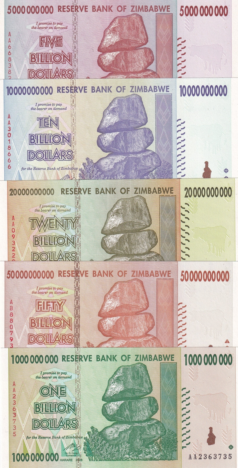 Zimbabwe SET 5 UNC 1 5 10 20 50 Billion Dollars 2008 P 83 P 84 P 85 P 86 P 87