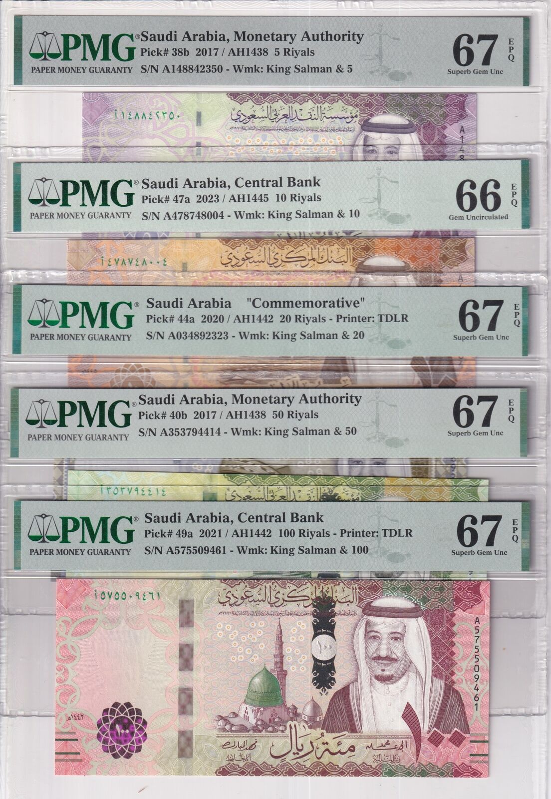 Saudi Arabia Set 5; 5 10 20-100 Riyals 2017-23 P 49 Superb Gem UNC PMG 66 67 EPQ