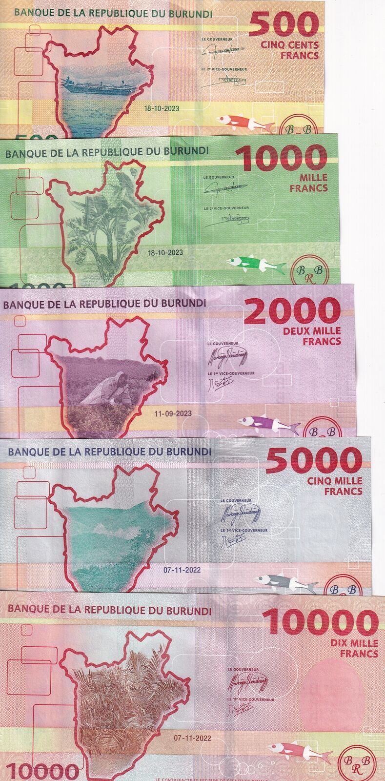 Burundi SET 5 UNC 500 1000 2000 5000 1000 Francs 2018-2023 P 50 51 52 58 59