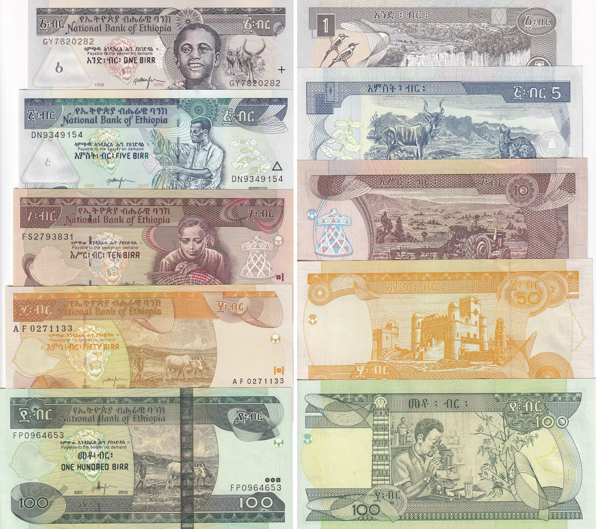 Ethiopia Set 5 UNC 1 5 10 50 100 Birr Random Years P 46 47 48 49 52