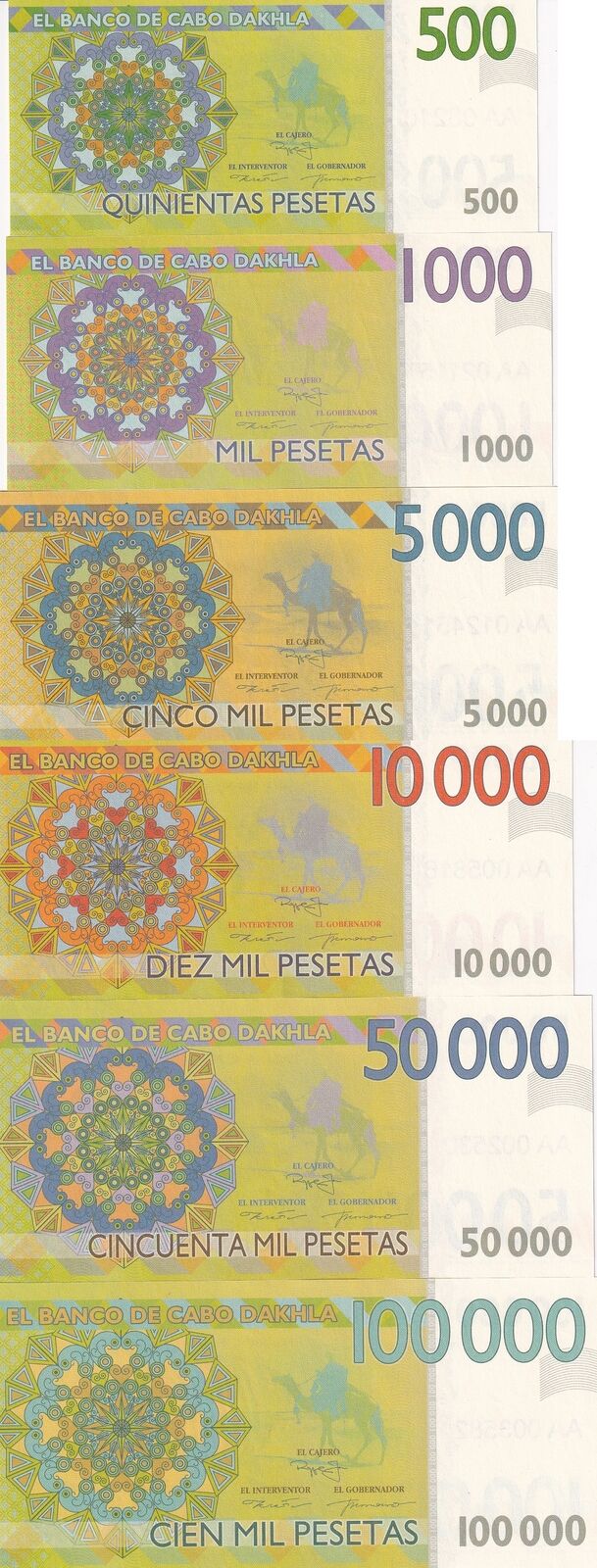 Cabo Dakhla Set 6 500 1000 5000 -100000 Pesetas 2017 Clownfish Fantasy