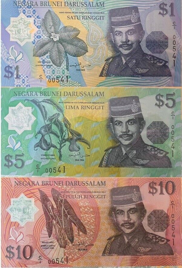 Brunei Set 3 UNC 1 5 10 Ringgit 1996 Comm. Polymer P 22 23 24 Matching W/FOLDER