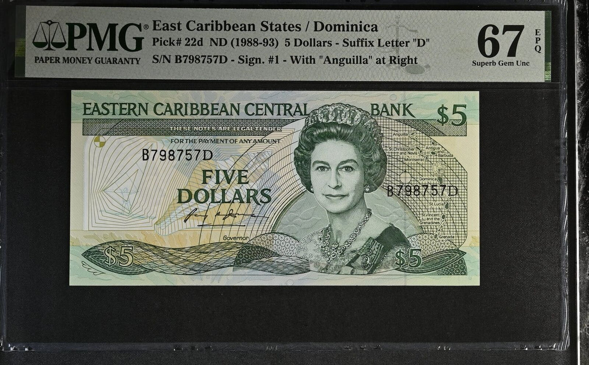 East Caribbean 5 Dollars ND 1988-1993 P 22 d Superb Gem UNC PMG 67 EPQ TOP POP