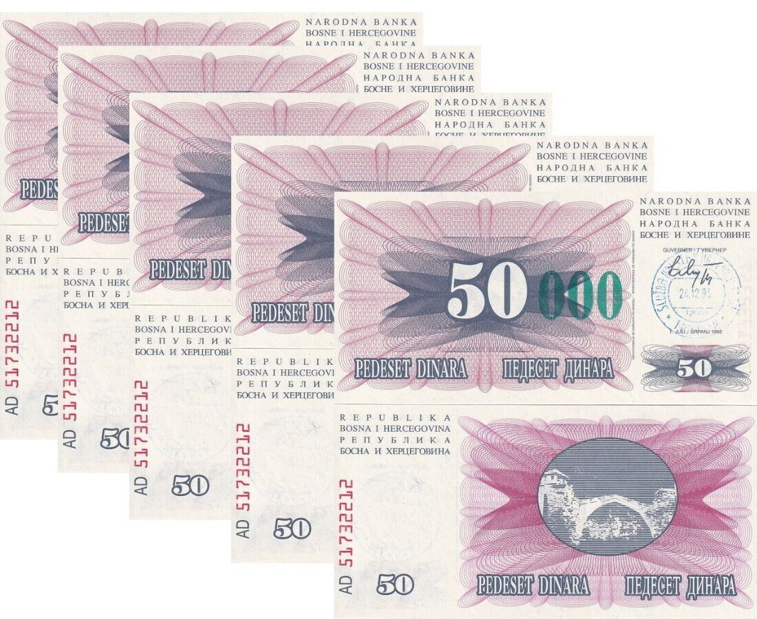 Bosnia 50000 Dinara 24.12.1993 P 55 c UNC LOT 5 PCS