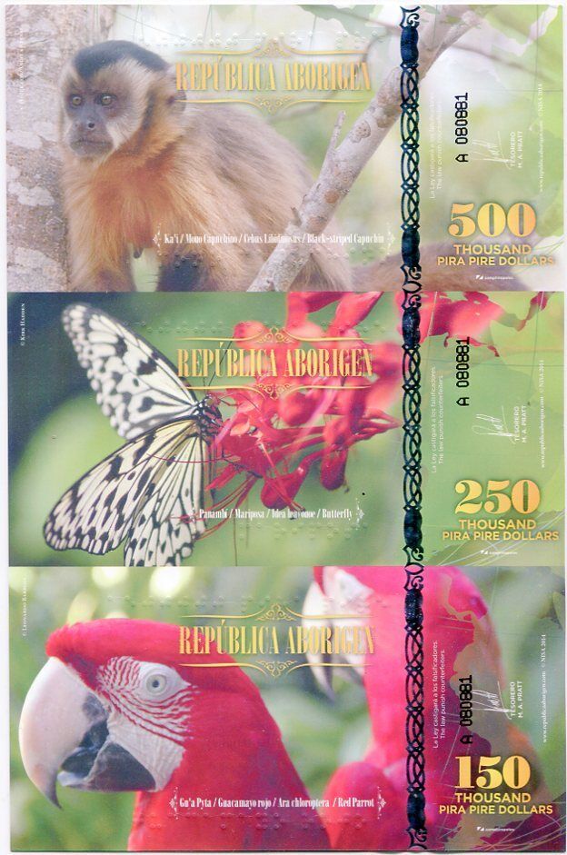 Republica Aborigen UNCUT SHEET 3 Pcs 150 250 500 Pira Pire Dollars 2014 POLYMER