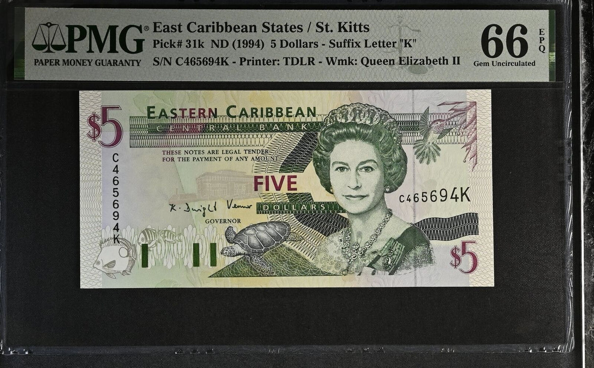 East Caribbean 5 Dollars ND 1994 P 31 k St. Kitts Gem UNC PMG 66 EPQ