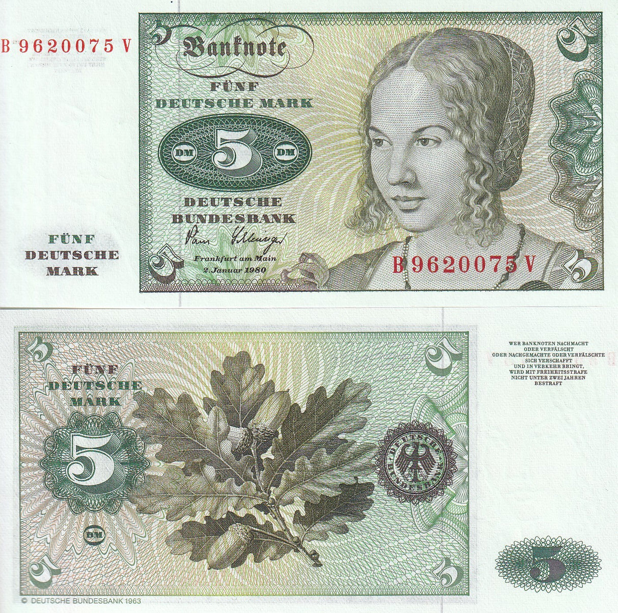 Germany Federal Republic 5 Mark 1980 P 30 UNC ,Deutsche Bundesbank