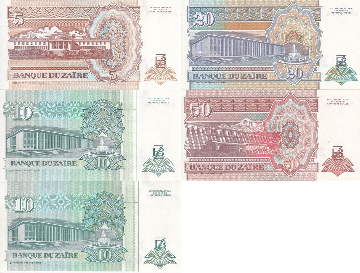 Zaire Set 5 PCS 5 10 20 50 Nouveaux Zaire 1993 P 53 54 55 56 57 UNC
