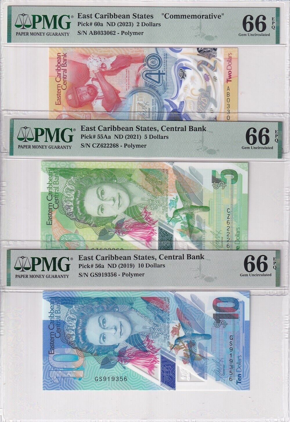 East Caribbean Set 3; 2 5 10 Dollars ND 2023 P 55Aa P 56 P 60 Gem UNC PMG 66 EPQ