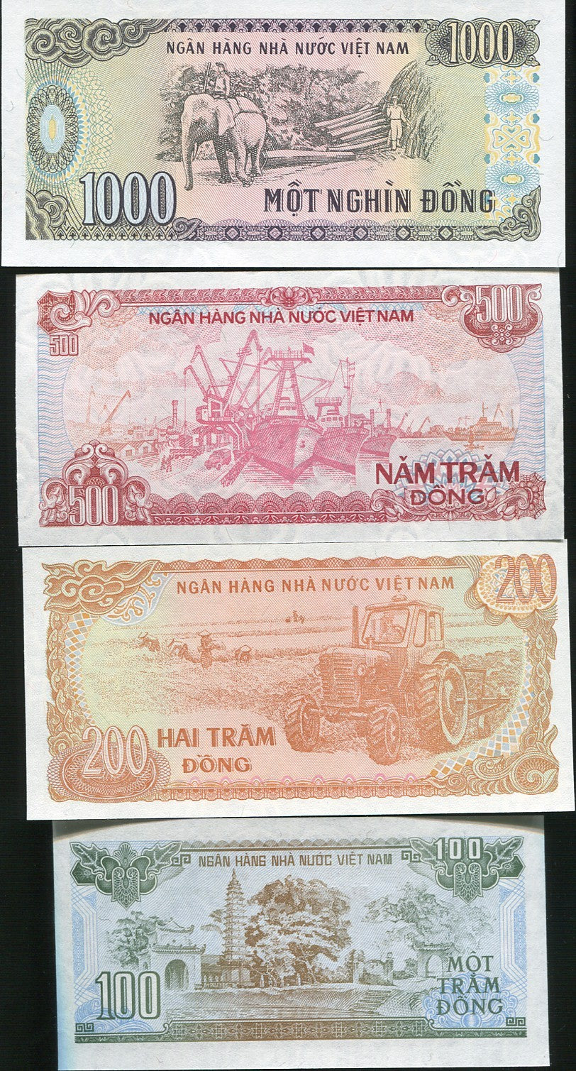 Vietnam Set 4 Pcs 100 200 500 1000 Dong 1987 1988 1991 P 100 101 105 106 UNC