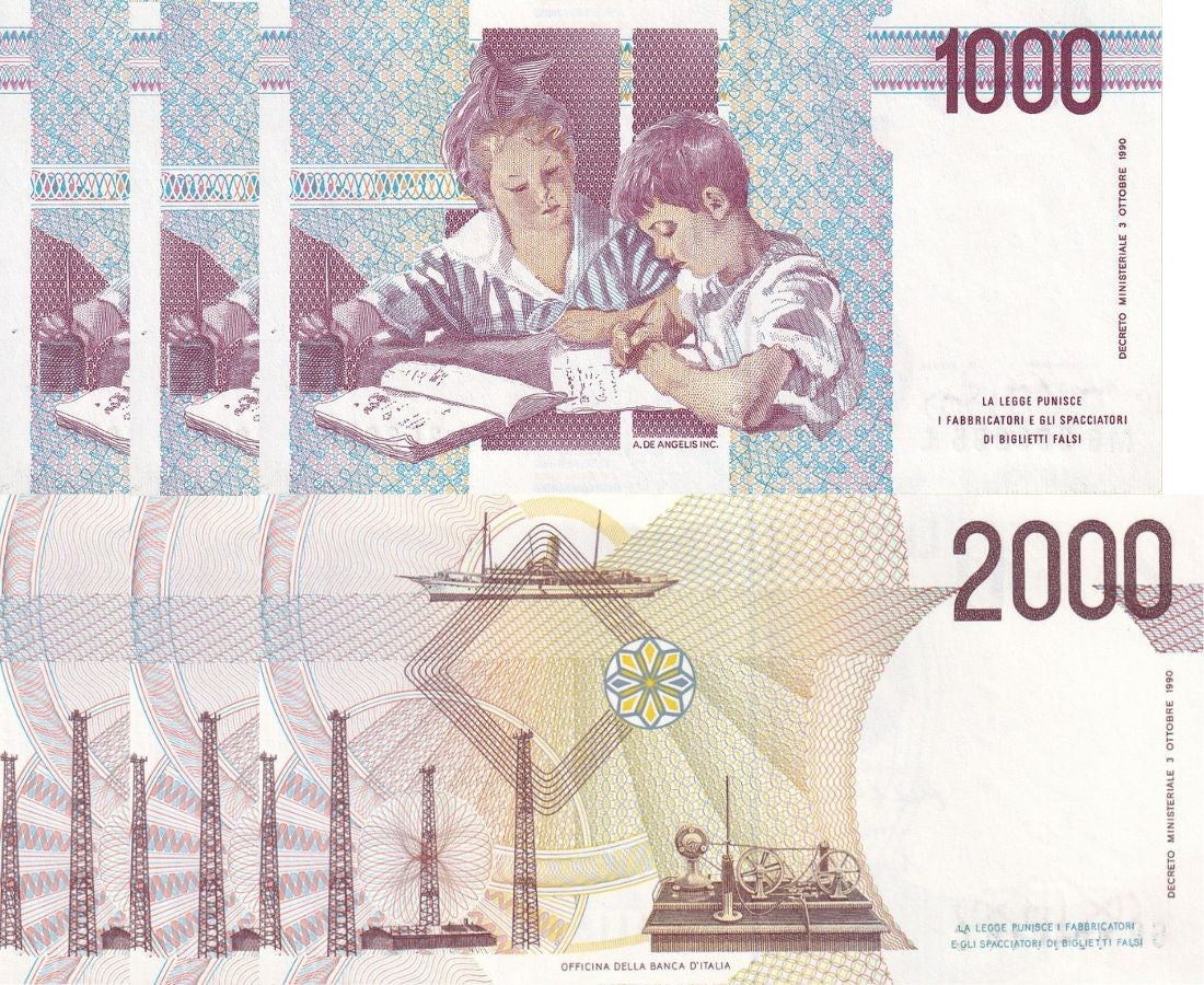Italy Set 2 x Lot 3 = 6 UNC 1000 2000 Lire Random SIGN P 114 115
