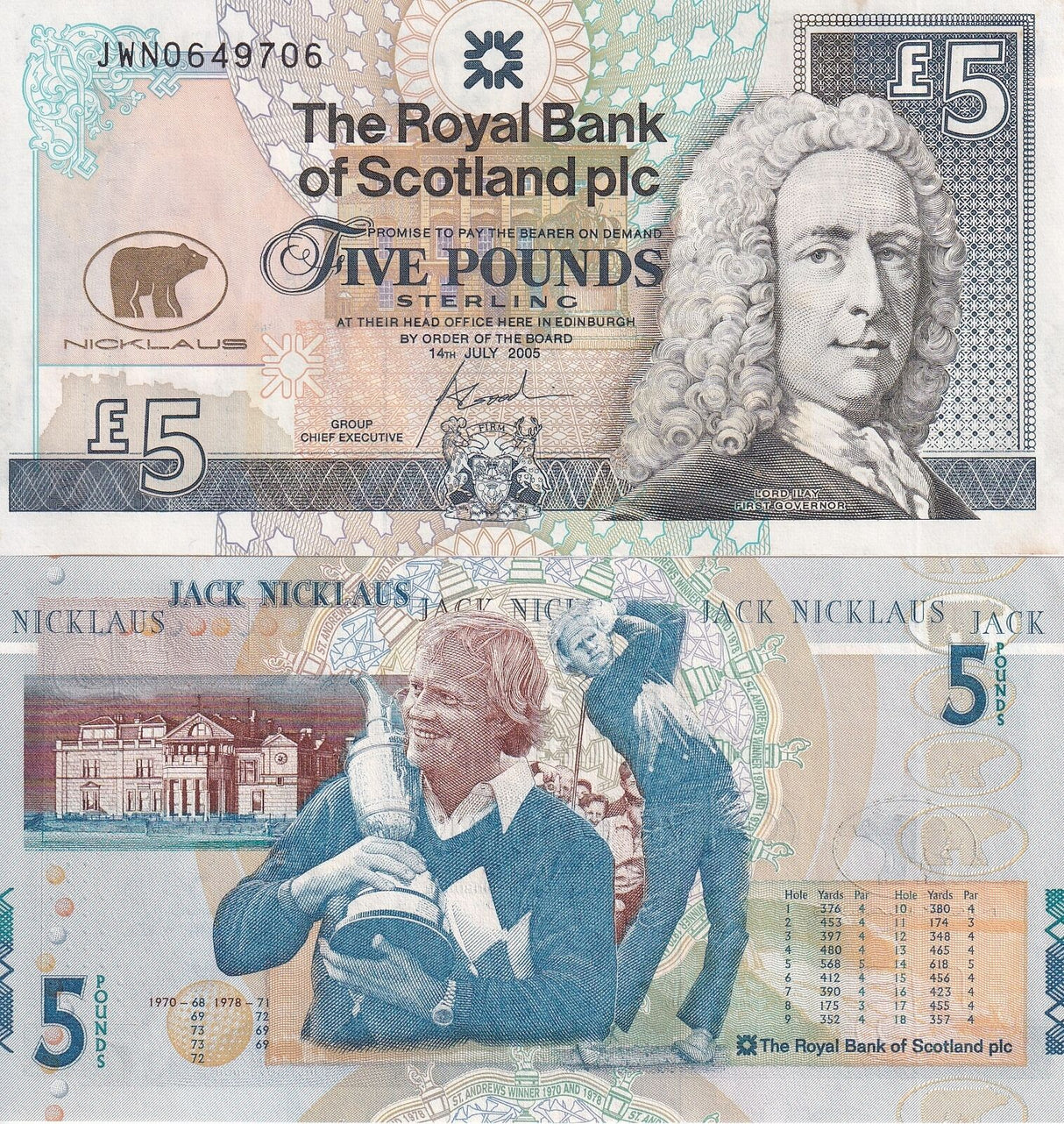 Scotland 5 Pounds 2005 Royal Bank Scotland Jack Nicklaus P 365 UNC Little Y Tone