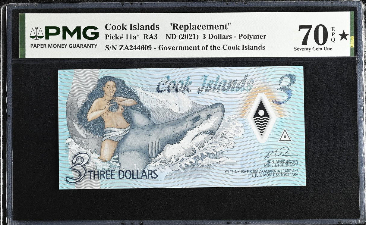 Cook Islands 3 Dollars ND 2021 P 11 a* ZA Replacement Superb Gem UNC PMG 70 EPQ