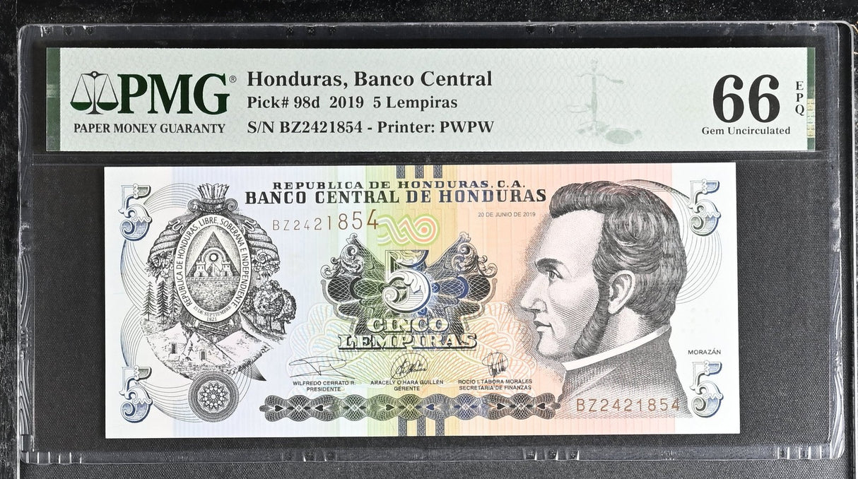 Honduras 5 Lempiras 2019 P 98 d Gem UNC PMG 66 EPQ