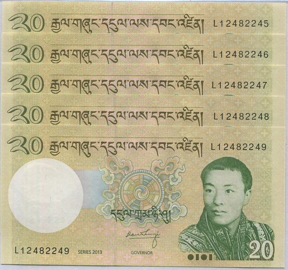 Bhutan 20 Ngultrum 2013 P 30 b UNC LOT 5 Pcs
