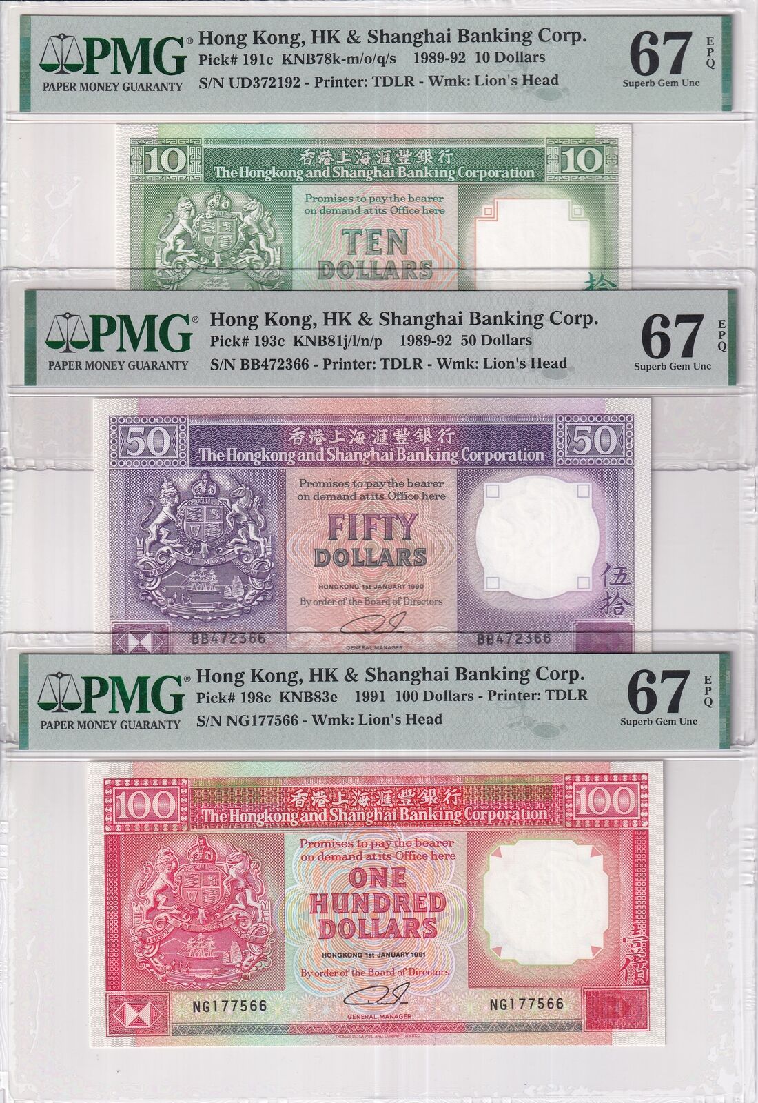 Hong Kong Set 3; 10 50 100 Dollars 1990-92 P 191 193 198 Superb UNC PMG 67 EPQ