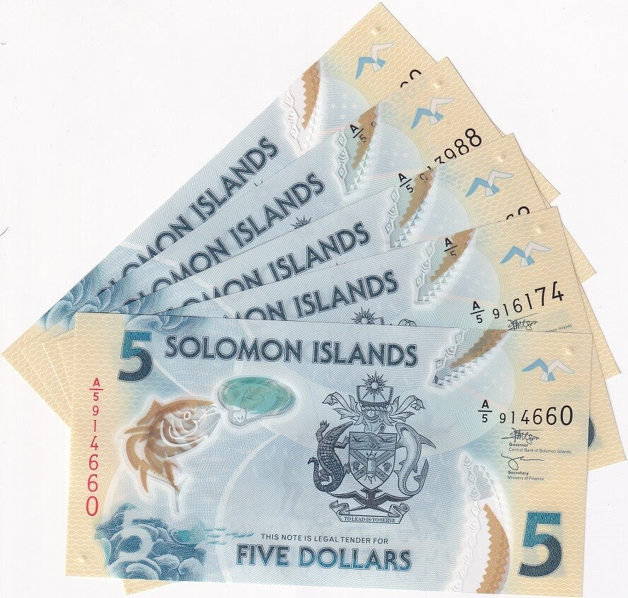 Solomon Islands 5 Dollars ND 2019 P 38 UNC Polymer Lot 5 PCS