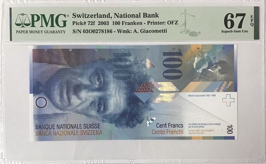 Switzerland 100 Franken 2003 P 72 f Superb Gem UNC PMG 67 EPQ
