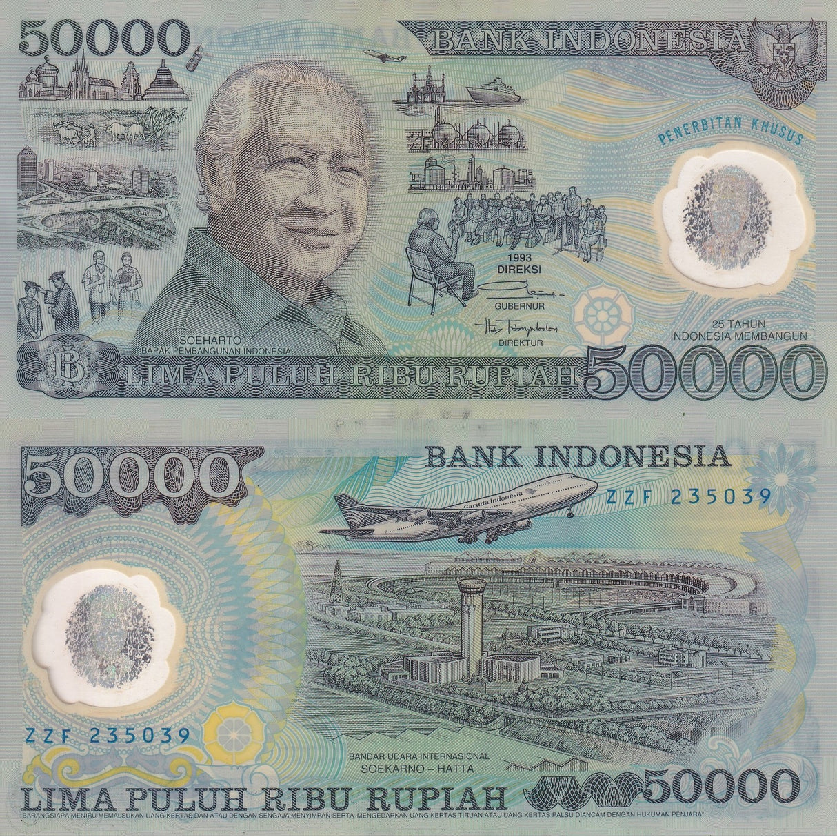 Indonesia 50000 Rupiah 1993 P 134 Polymer Soeharto, Soekarno-Hatta AUnc