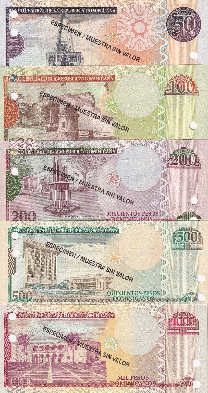 Dominican Set 5 UNC 50 100 - 1000 Pesos 2013 P 183 184 185 - P 187 SPECIMEN