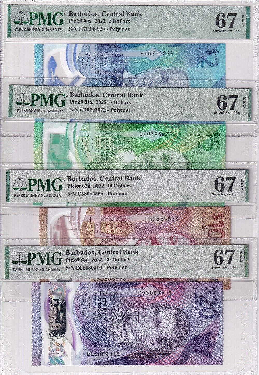 Barbados Set 4; 2 5 10 20 Dollars 2022 P 80 81 82 83 Superb Gem UNC PMG 67 EPQ