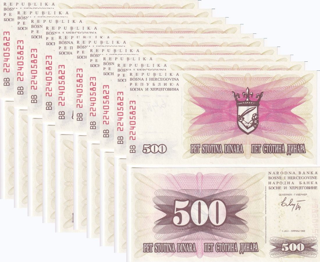 Bosnia 500 Dinara 1992 P 14 UNC Lot 10 Pcs 1/10 Bundle