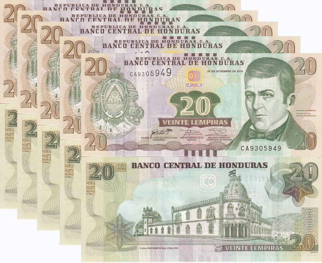 Honduras 20 Lempiras 2016 P 100 UNC LOT 5 PCS
