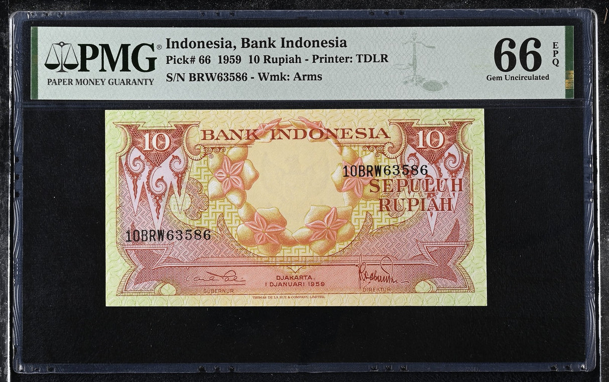 Indonesia 10 Rupiah 1959 Flower P 66 Gem UNC PMG 66 EPQ