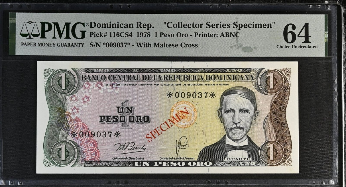 Dominican Republic 1 Peso 1978 P 116CS4 SPECIMEN Choice UNC PMG 64