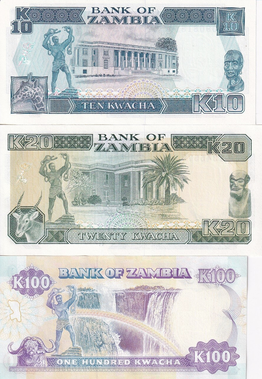 Zambia Set 3 Pcs 10 20 100 Kwacha ND 1989 P 31 32 34 UNC