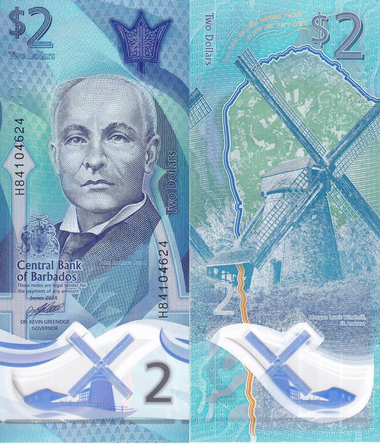 Barbados 2 Dollars 2024 Polymer P 80 UNC