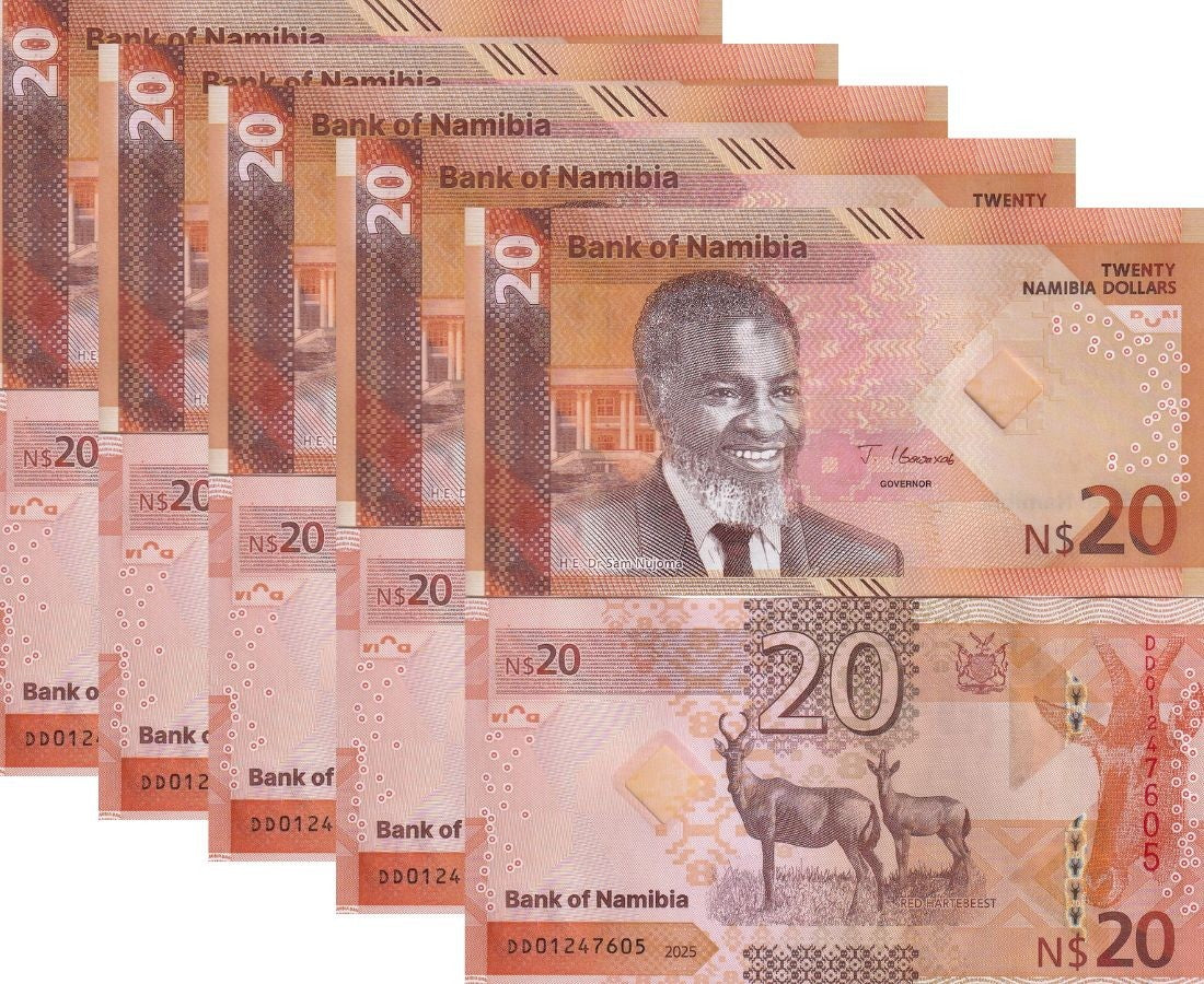 Namibia 20 Dollars 2025 P 21 NEW Design Hartebeest Hybrid LOT 5 UNC