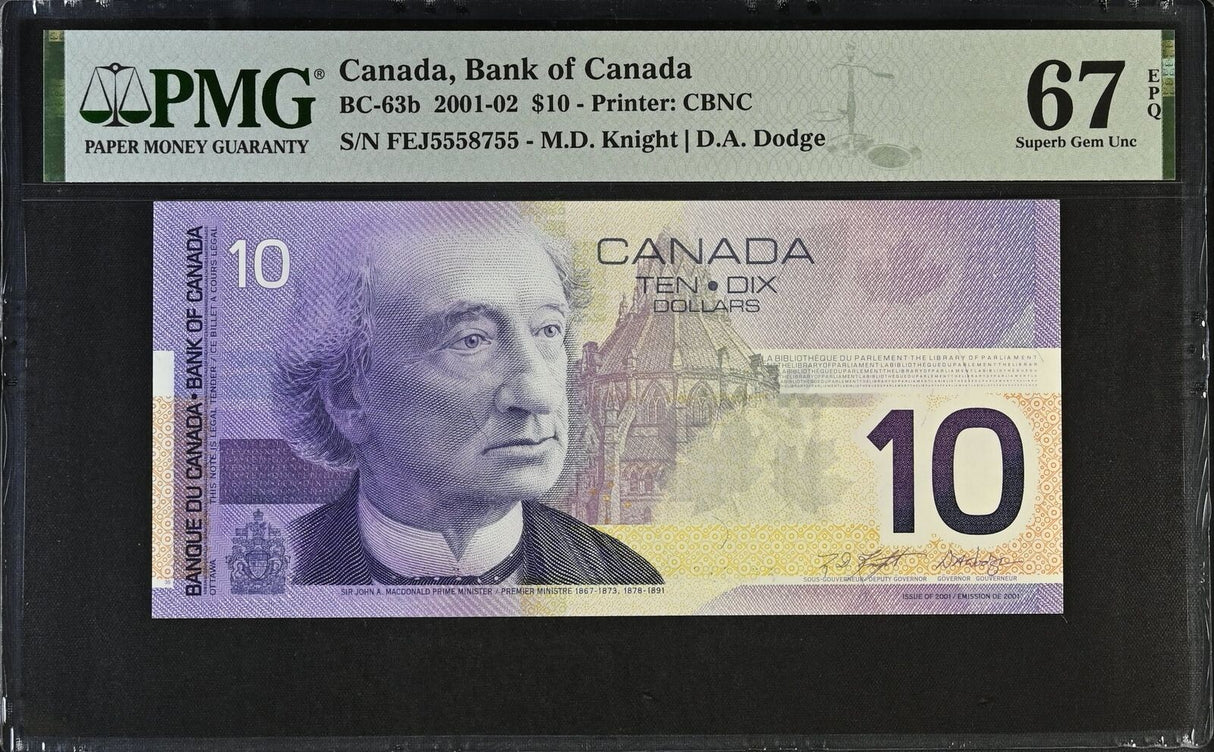 Canada 10 Dollars 2001-2002 P 102b Knight,Dodge BC-63b Superb Gem UNC PMG 67 EPQ