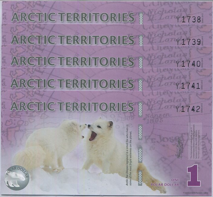 Arctic Territories 1 Dollar 2012 Polymer UNC LOT 5 PCS