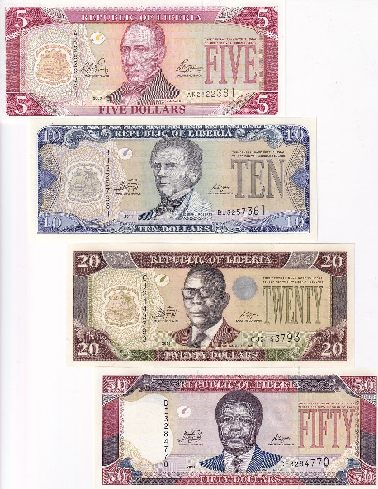 Liberia Set 4 UNC 5 10 20 50 Dollars Random Year P 26 P 27 P 28 P 29