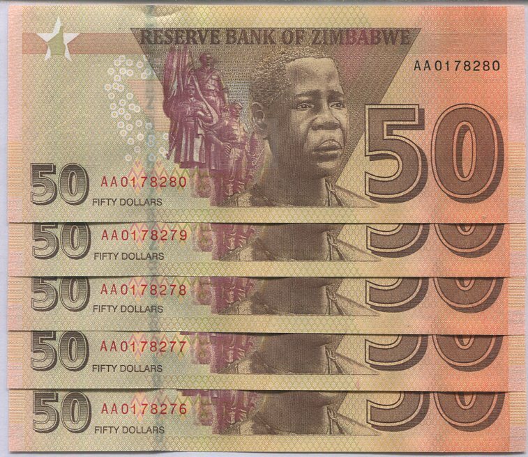 Zimbabwe 50 Dollars 2020/2021 P 105 UNC Lot 5 Pcs