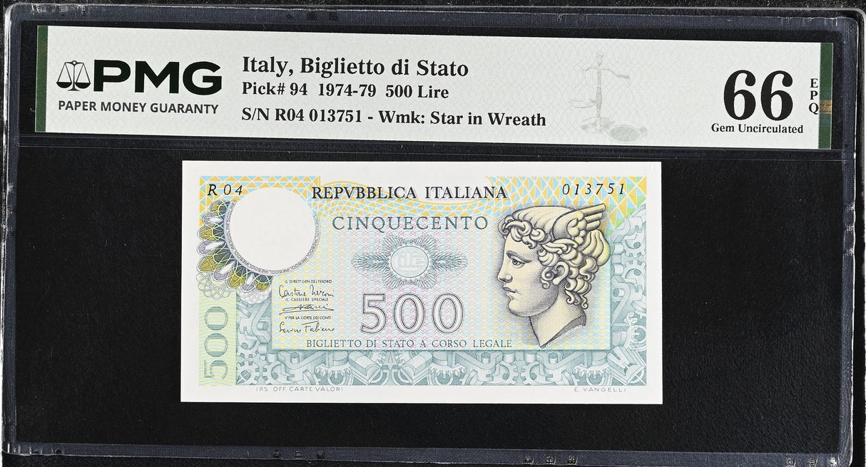 Italy 500 Lire 1974-1979 P 94 Gem UNC PMG 66 EPQ