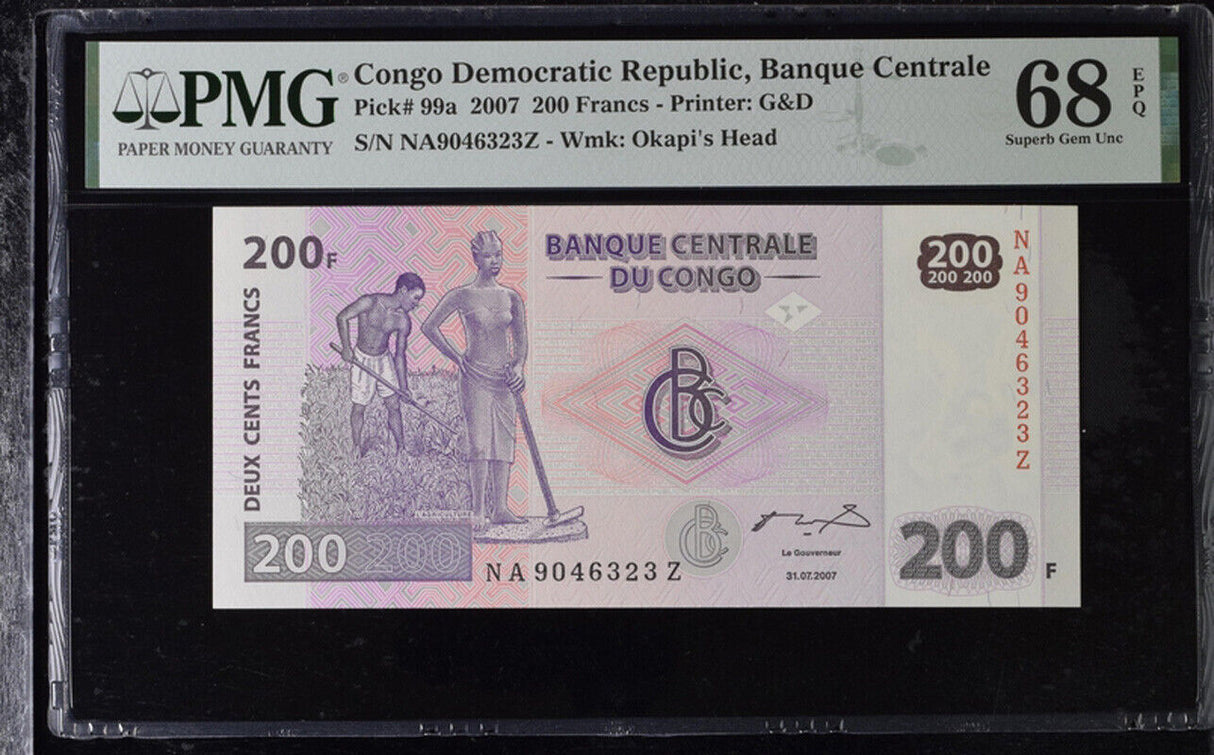 Congo 200 Francs 2007 P 99 a G&D Superb Gem UNC PMG 68 EPQ