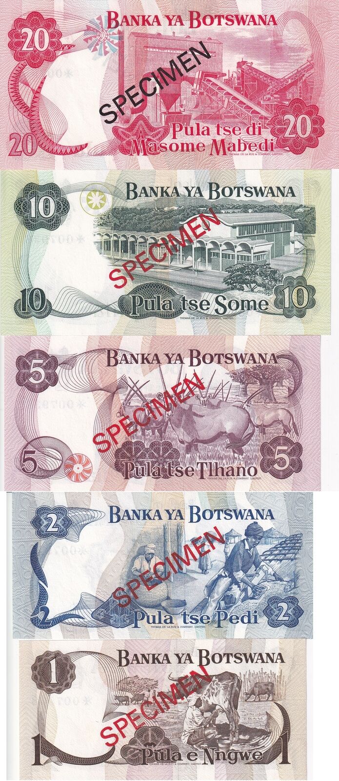 Botswana Set 5 UNC 1 2 5 10 20 Pula ND 1976 P 1 P 2 P 3 P 4 P 5 Specimen COA