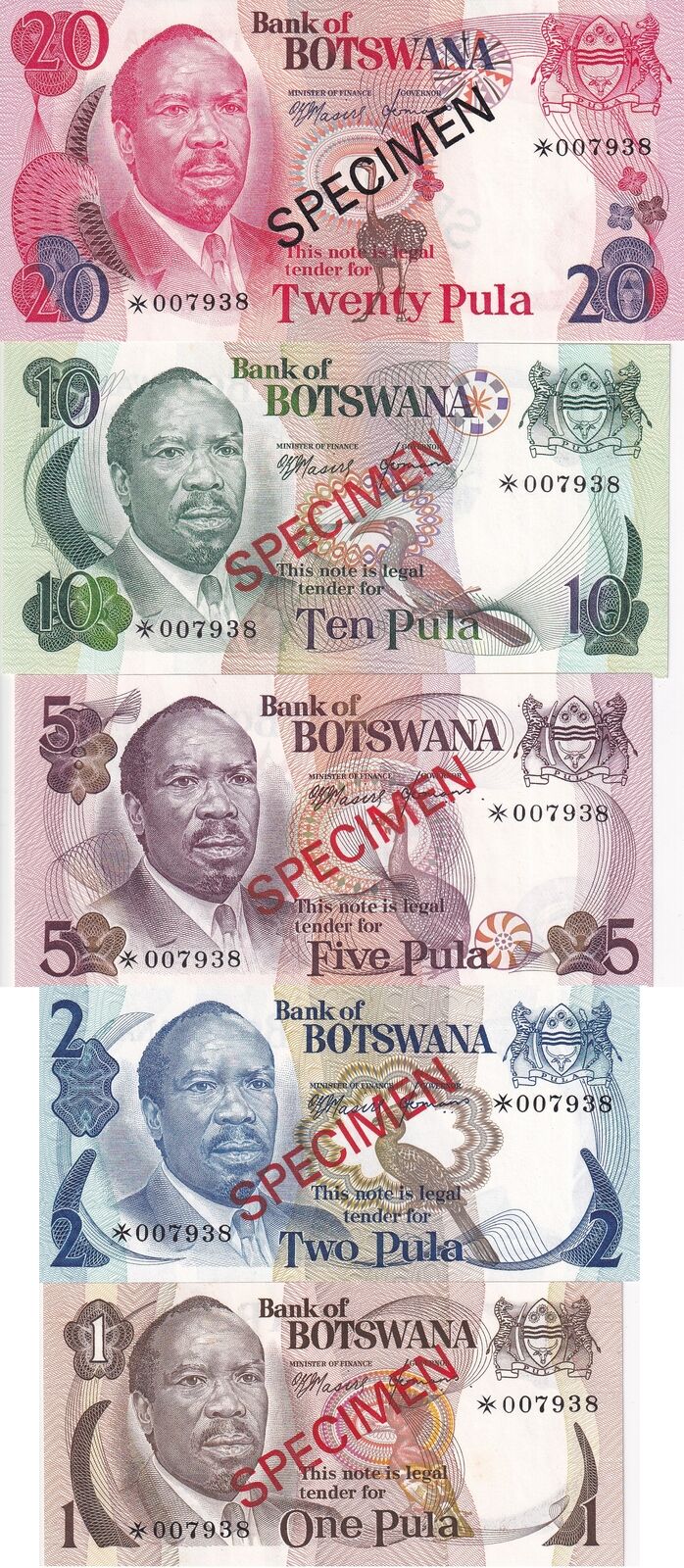 Botswana Set 5 UNC 1 2 5 10 20 Pula ND 1976 P 1 P 2 P 3 P 4 P 5 Specimen COA