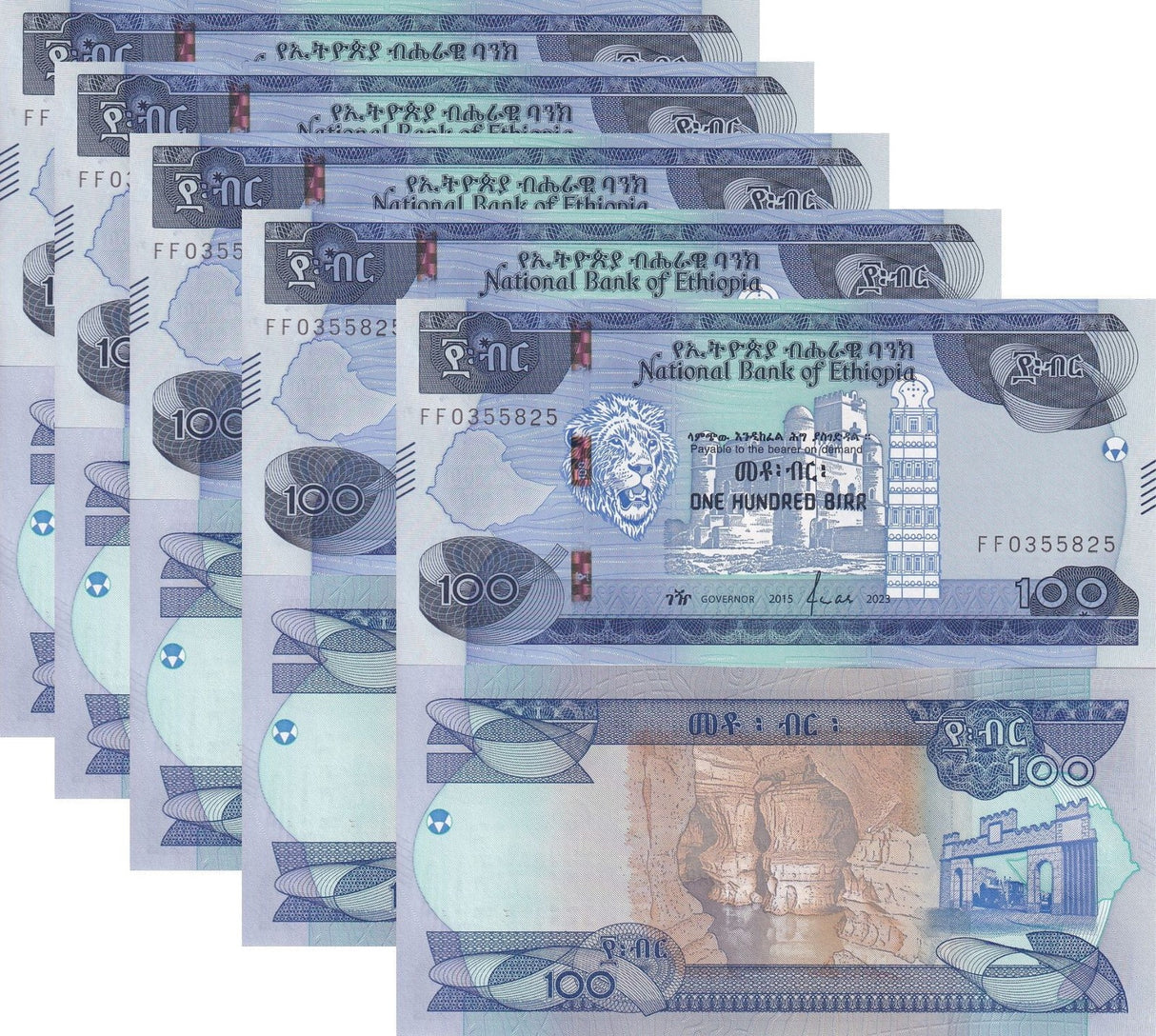 Ethiopia 100 Birr 2015/2023 P 55 NEW SIGN UNC LOT 5 PCS