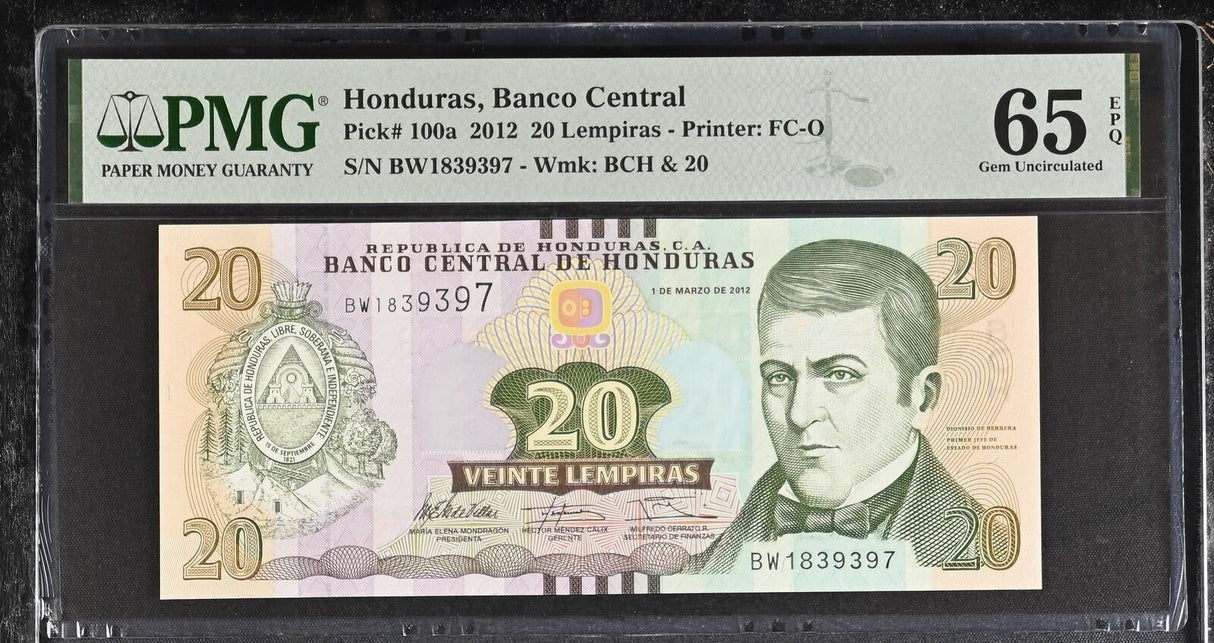 Honduras 20 Lempiras 2012 P 100 a Gem UNC PMG 65 EPQ