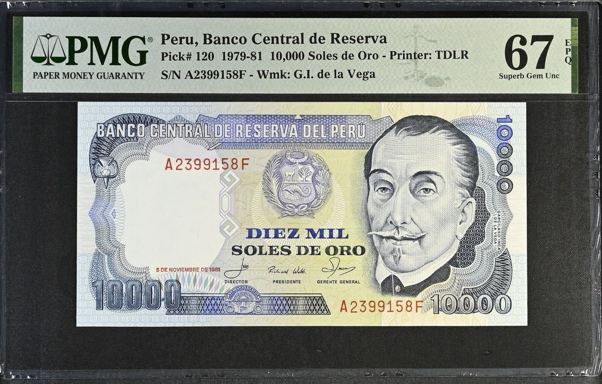 Peru 10000 Soles De Oro 1981 P 120 Superb Gem UNC PMG 67 EPQ